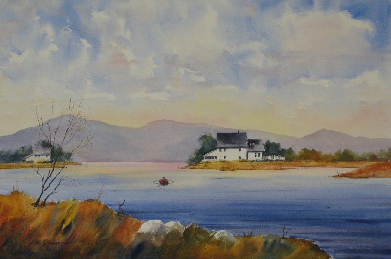 landscape, seascape, lake, hills, house, home, tree, birch, aspen, original watercolor painting, oberst